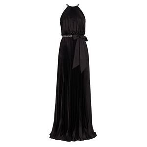 ML Monique Lhuillier Satin Chain-Link Belt Pleated Gown, Black, New, Size 8